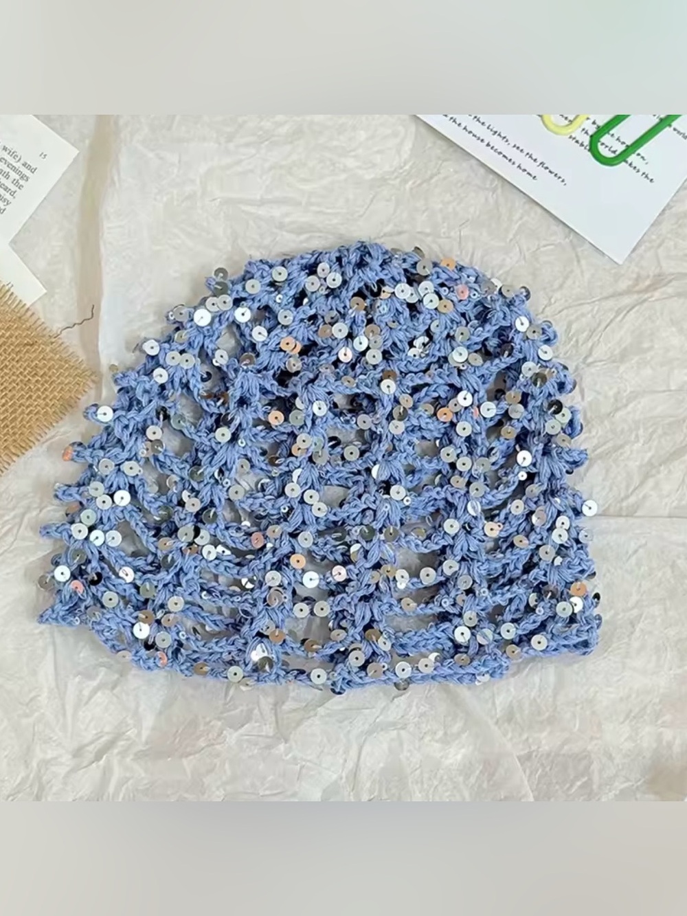 Light Blue Sequin Crochet Beanie